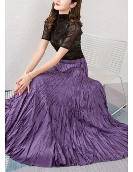 French Purple Elastic Waist Wrinkled Exra Large Hem Silk Skirts Summer