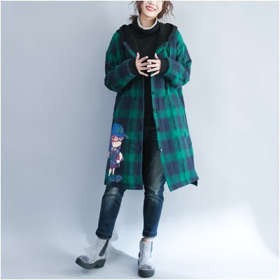 green grid cartoon prints cotton coats oversize hooded warm long sleeve long outwear