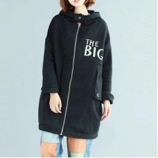 black fashion casual cotton prints coats oversize zippered long sleeve trench coat hooded winter outfits