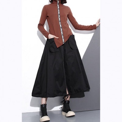 vintage black cotton oversize A line skirts fine pockets drawstring skir