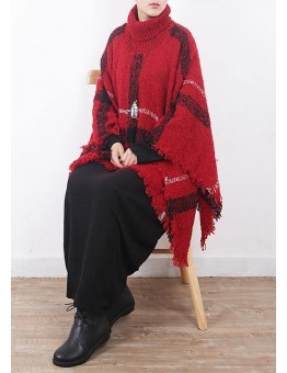 red plaid tassel cloak women casual high neck knit sweater