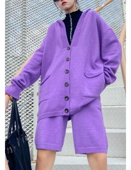 Women's autumn plus size fashion knitted cardigan shorts purple two-piece
