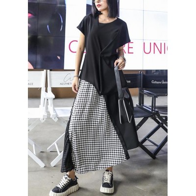 Women's summer mid-length a-line skirt high waist fashion black stitching chiffon plaid skirt