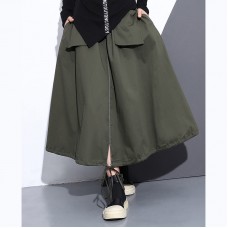 fine army green natural cotton skirt oversize A line skirts traveling boutique pockets drawstring cotton skirt
